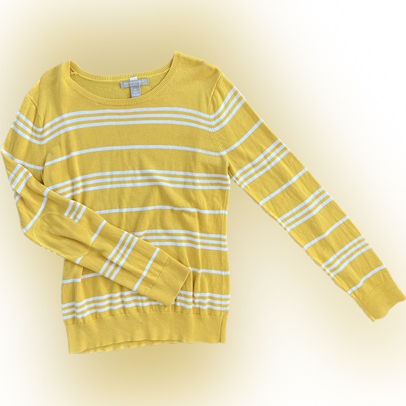 Banana Republic Yellow and White Stripe Lightweight Sweater with Elbow Patches - Picture 1 of 5